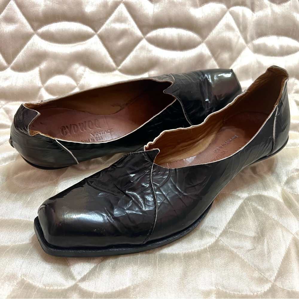 CYDWOQ Vintage Black Leather Kitten Heels Pumps Glossy Soft Iridescent 37 Shoes